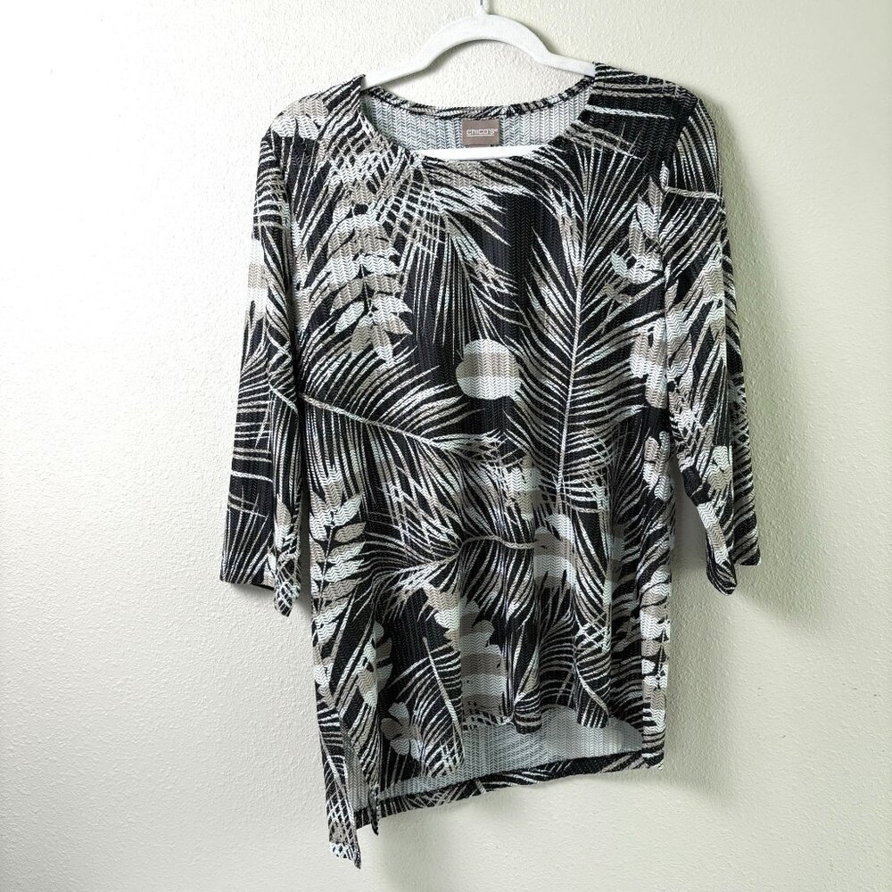 Chicos Tunic Top Size 1 US M 8 10 Black White Leaves 3/4 Sleeve Asymmetrical Hem